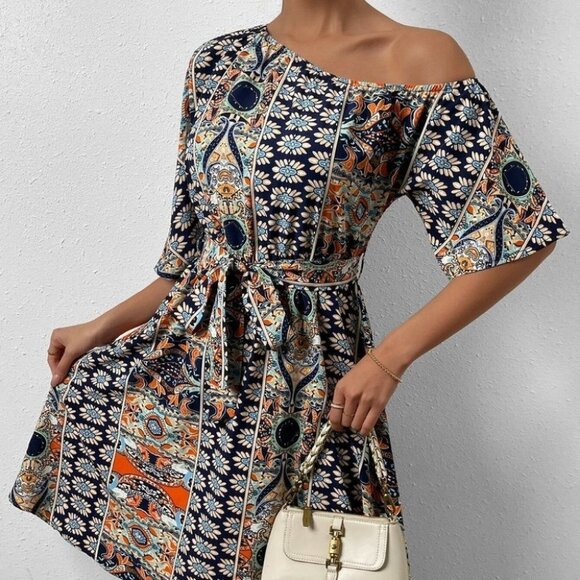 allover Print Asymmetrical Neck Belted Dress - Picture 3 of 5